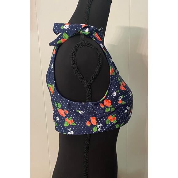 Modcloth Blue Polka Dot Strawberry Tie Strap Metal Back Closure Bikini Top Large - Picture 3 of 7